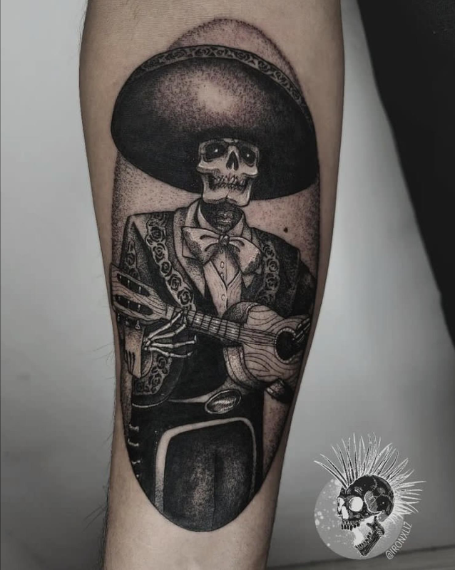 Mexican mariachi black and grey tattoo by Andre Cheko TattooNOW
